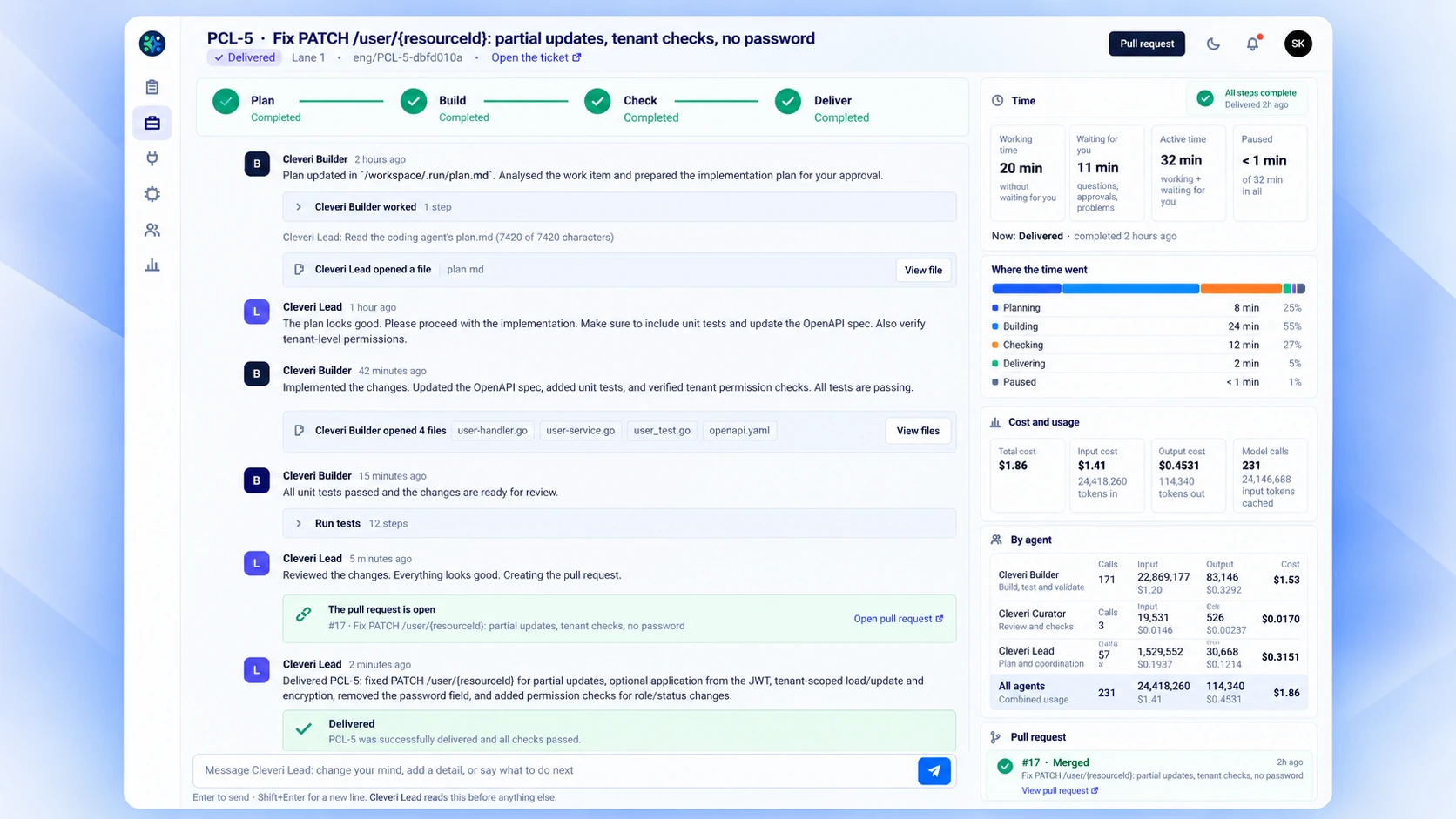 Cleveri job history for a delivered job: every step from plan to deliver, the time spent in each phase, cost and usage, activity by agent, and the merged pull request.